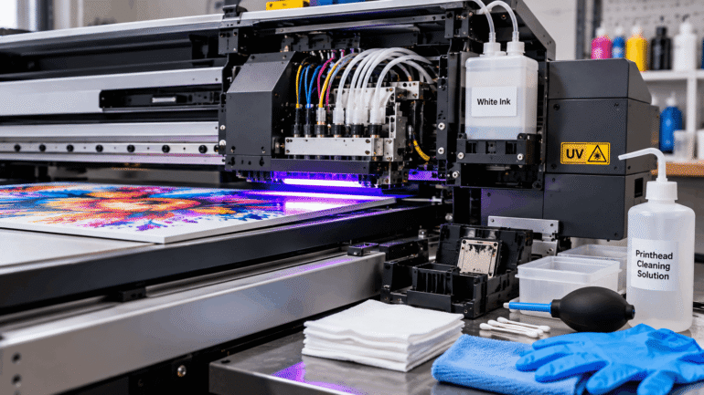 UV-Drucker Wartung mit Druckkopf, Tintenversorgung und UV-System