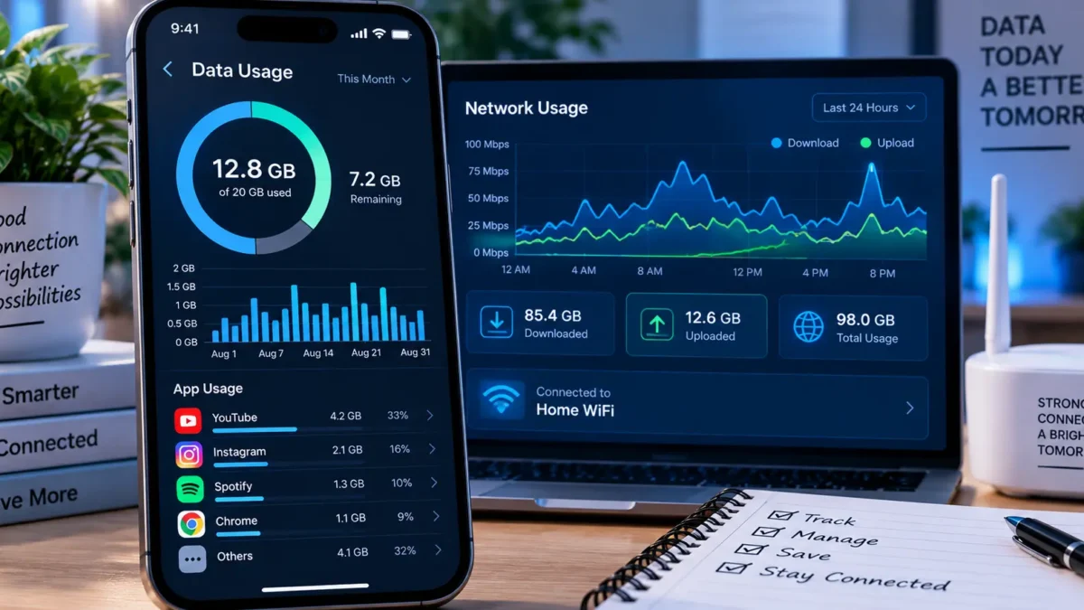 Smartphone screen displaying a data consumption chart alongside network usage graphs