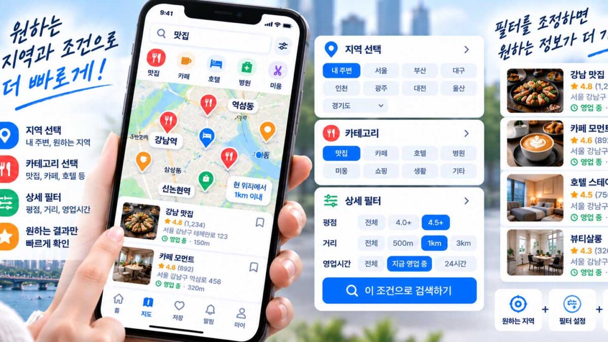 모바일 필터 플레이스에서 검색 조건을 이용해 원하는 지역정보를 찾는 화면