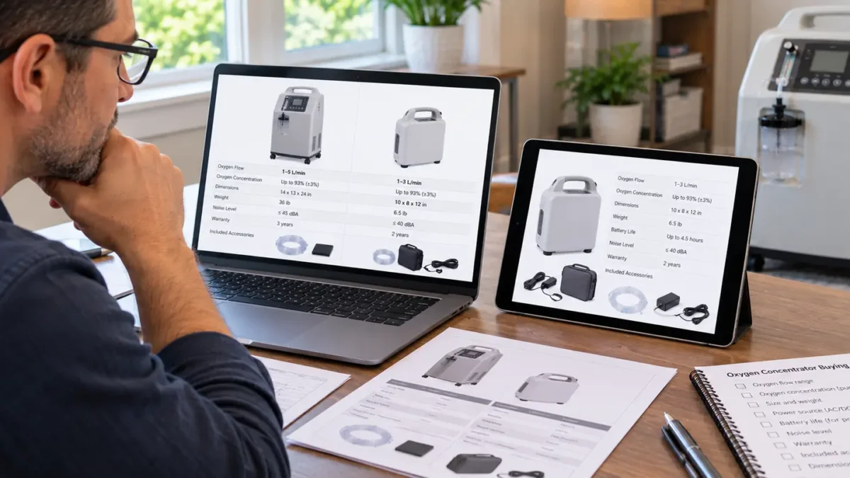 Buyer comparing oxygen concentrator product listings on a laptop and tablet using manufacturer specifications and warranty information.